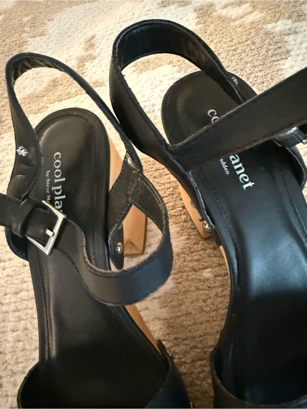 Cool Planet Steve Madden Black Leather & Wood Platform Sandals View 2